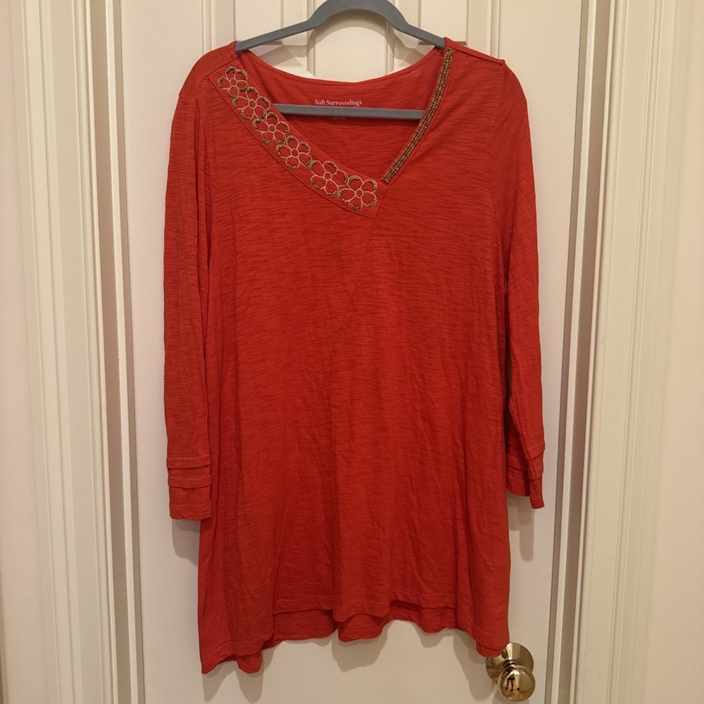 Soft Surroundings‎ Women's L Orange Beaded Floral V Neck 3/4 Sleeve Tunic Blouse